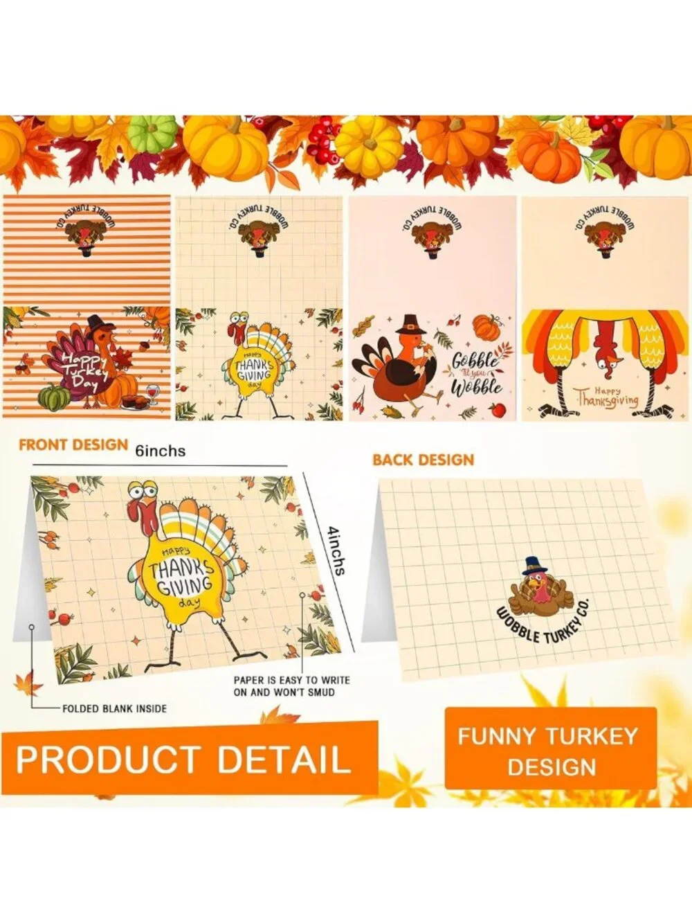 Funny Thanksgiving Greeting Cards Set - 240 Assorted Gobble Cards with Envelopes